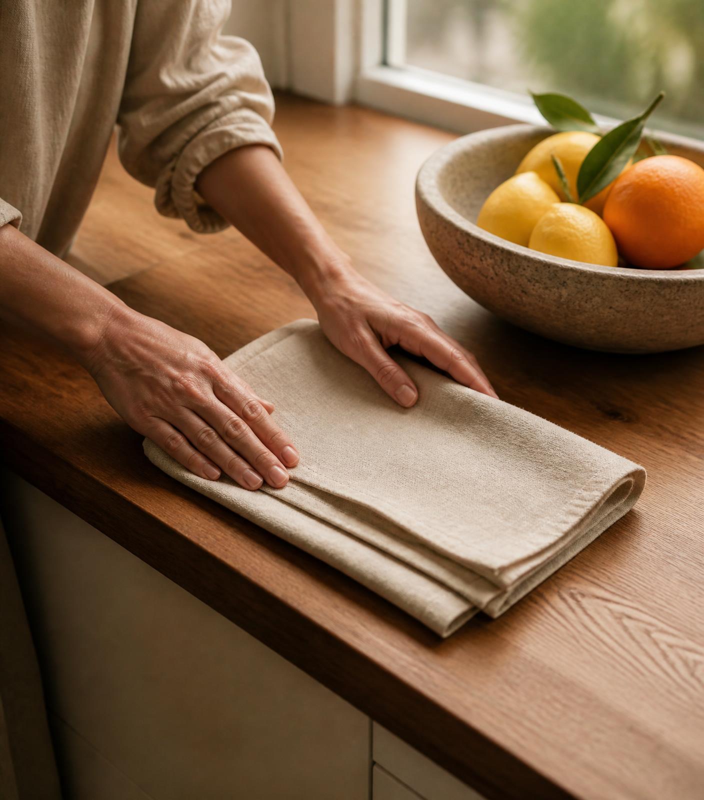 Hands smoothing folded linen on a warm oak counter in morning light
