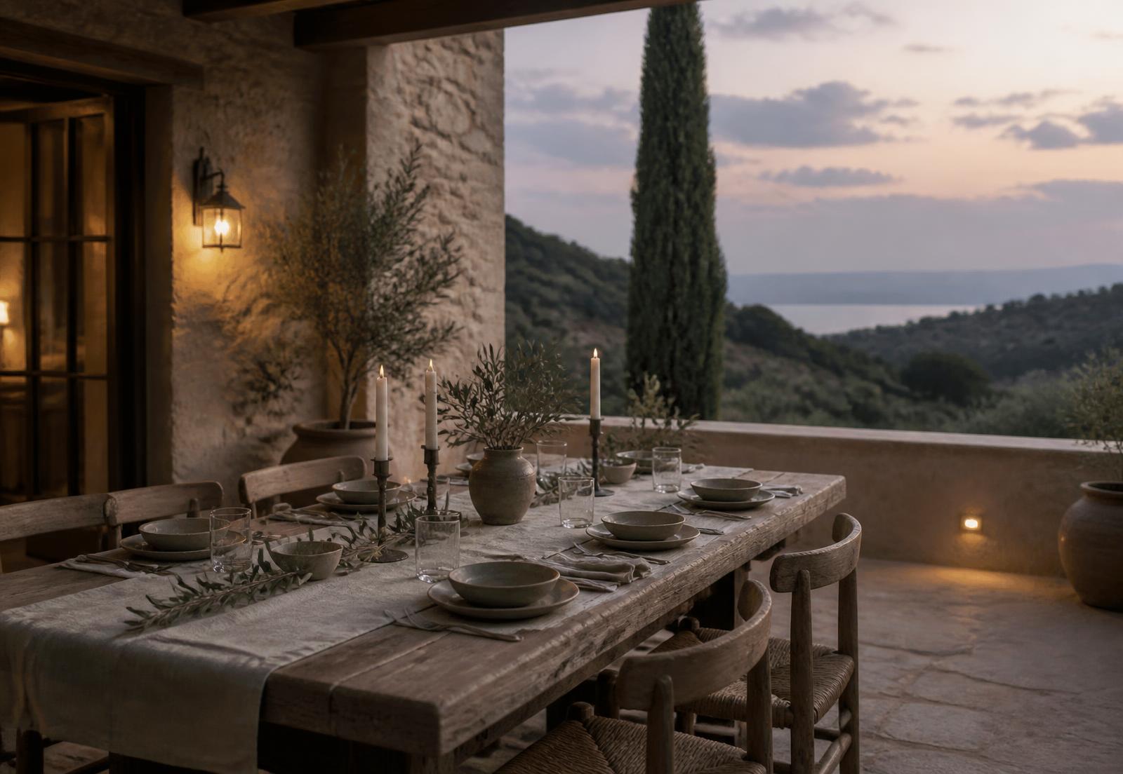 A prepared terrace table at dusk with linen, stoneware and candlelight